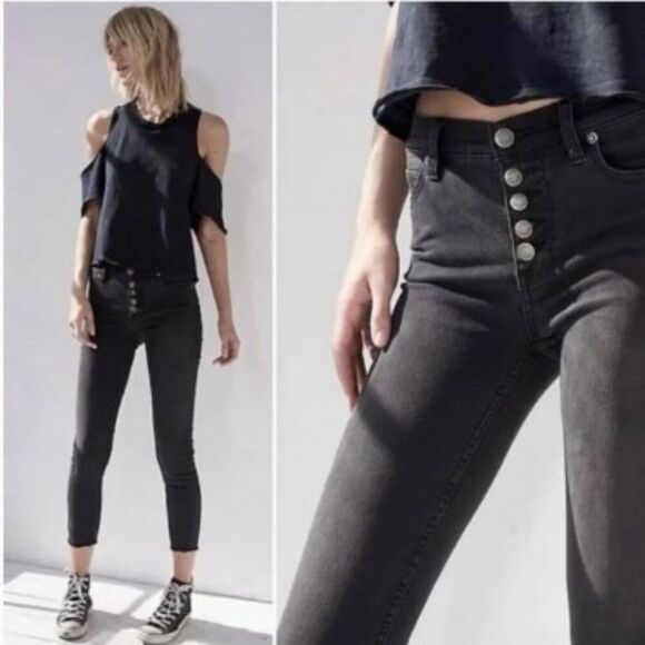 Free People Reagan Raw Hem Button-Fly Skinny Jeans in Black  Mid-rise - Picture 1 of 10